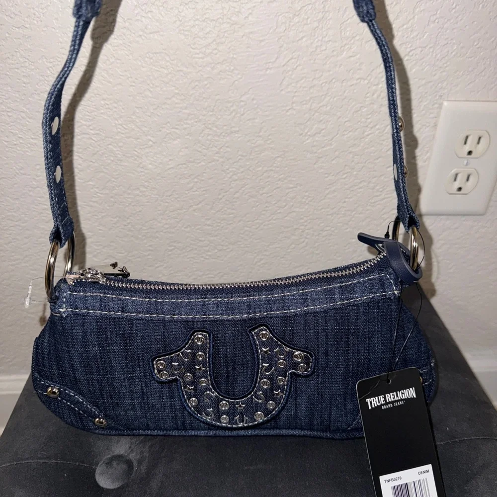 True Religion Dark Denim Shoulder Bag - Dark Blue with Silver Studs - Picture 2 of 7